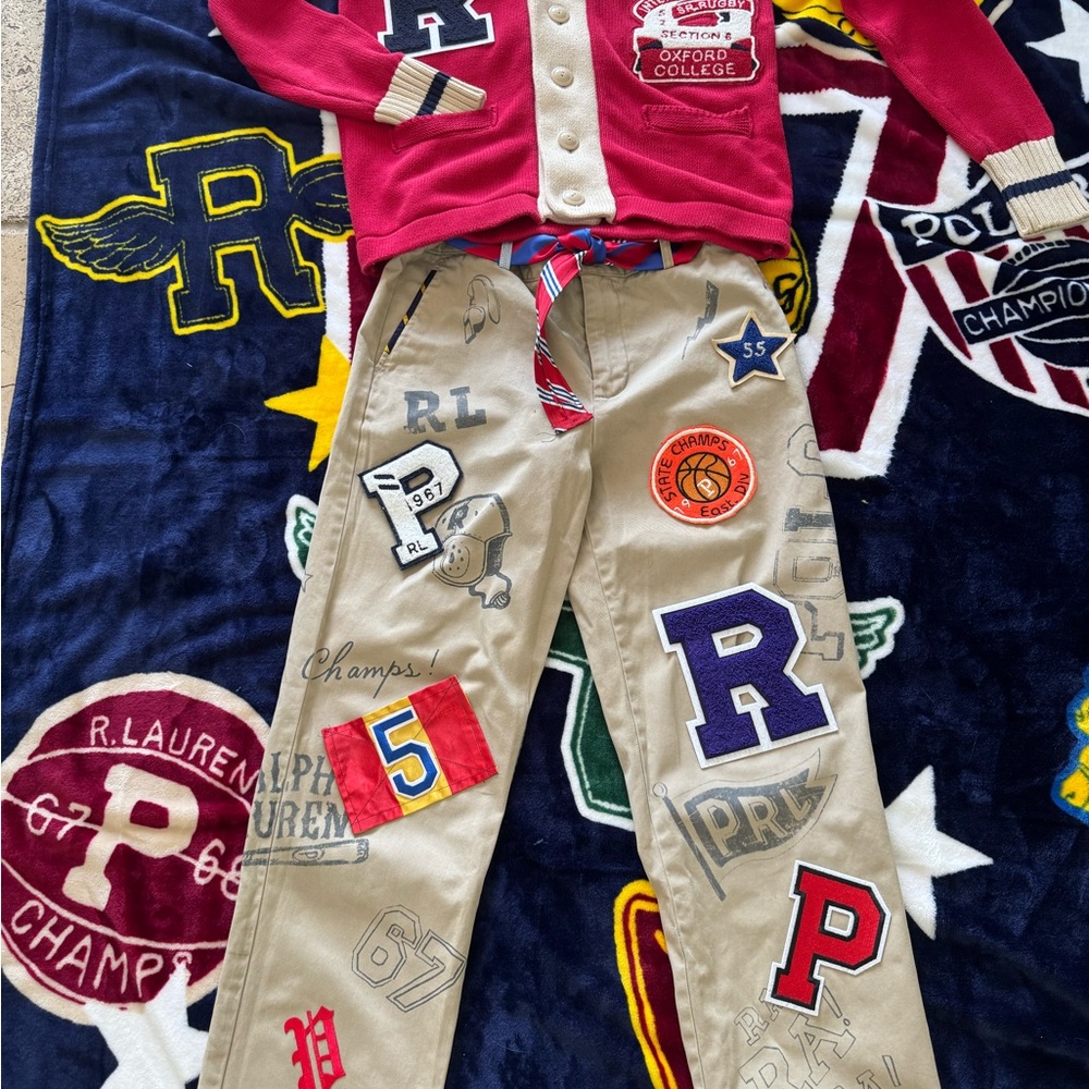POLO RALPH LAUREN VARSITY graffiti P wing chenille patches khaki chinos